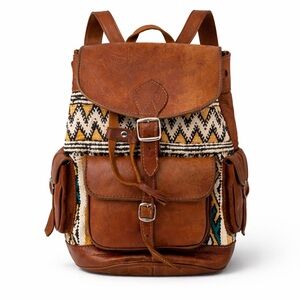 Boho Guatemalan Leather Backpack Woven Tribal Festival Artisan Bag